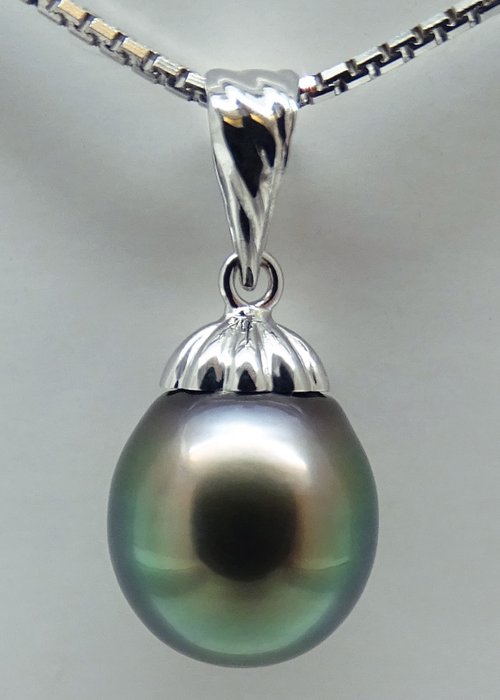 没有保留价 - Tahitian Pearl, Vibrant Green Peacock, Drop-Shaped, 9.23 X 9.45 mm - 吊坠 - 18K包金 白金 