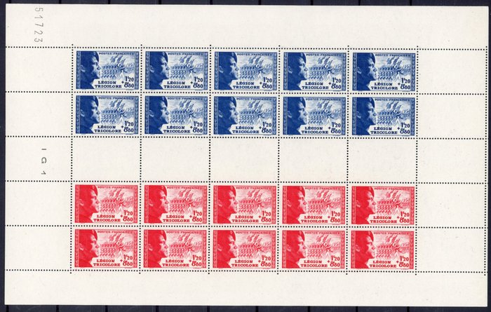 Ranska 1942 - Legion Tricolore - Täydellinen arkki - Postin tuoreus - Arvosana: 280 € - Yvert F565