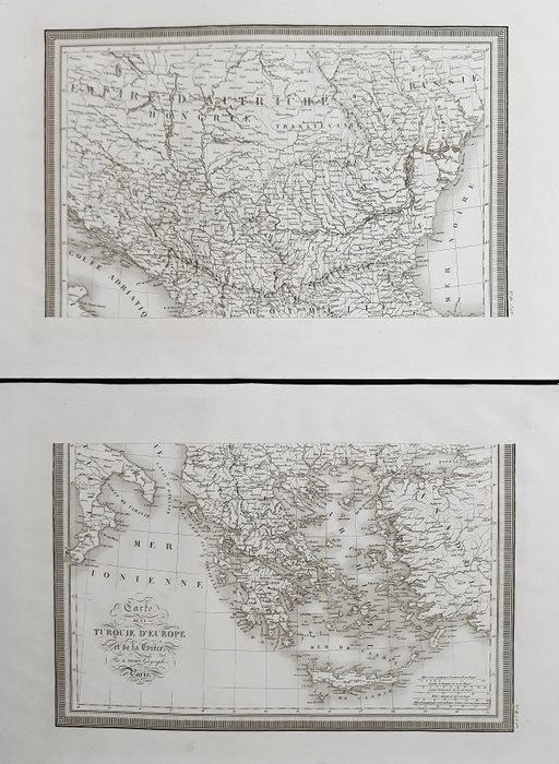 歐洲, 地圖 - （批量 2 件）巴爾幹半島/土耳其/希臘/雅典/馬其頓/比爾加里亞/羅馬尼亞; Louis Vivien de Saint Martin - Carte de la Turquid d'Europe et de la Grece - 1821-1850