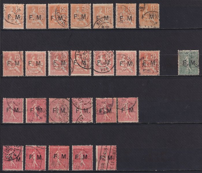 Frankreich 1901/1929 - Militärische Franchise-Briefmarken von Nr. 1 bis Nr. 4 und Nr. 6 in Vielfachen gestempelt. Gute - Yvert