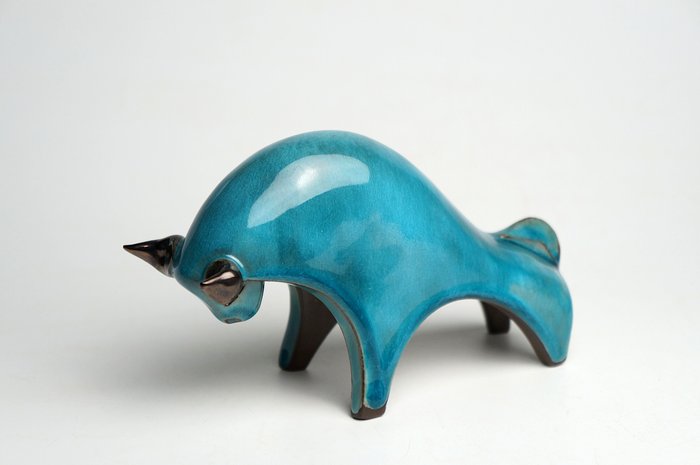 Urszula Despet - 雕刻, Turquoise Bull - 10 cm - 陶瓷