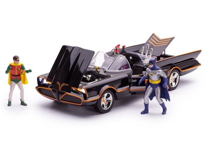 Jada Toys 1:18 - Model samochodu - Classic TV Series Batmobile + Die Cast Figures - (ze światłami przednimi i tylnymi)