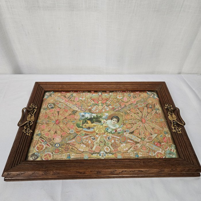 Tray - With glass plate and collection of cigar bands - Glass, Wood
