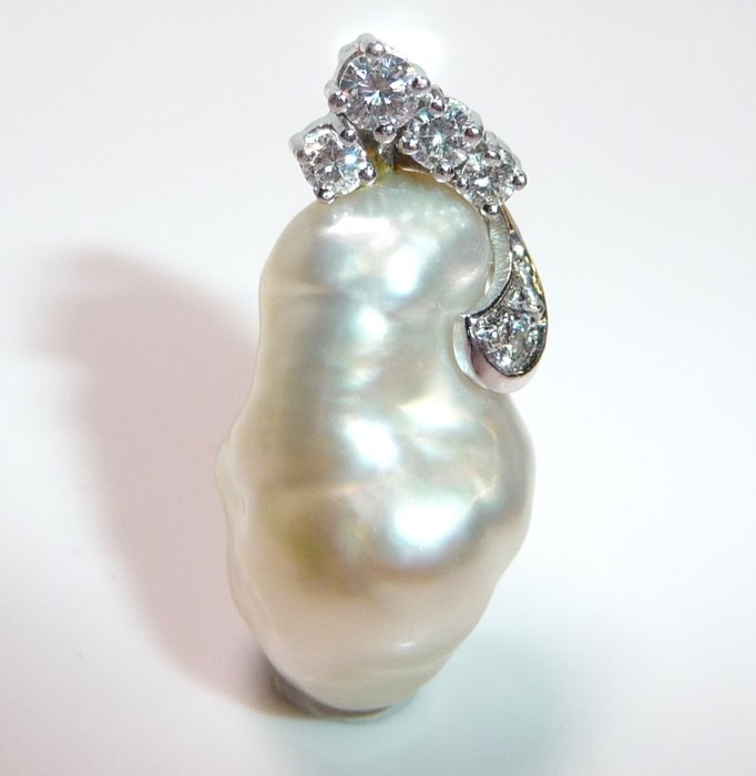 墜飾 - 18 克拉 白金 鉆石  (天然) - 珍珠 