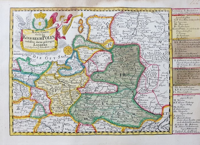 Europa, Mapa - Nordeste da Europa / Polónia / Varsóvia / Wroclaw / Cracóvia / Golfo de Riga / Mar Báltico; Johann Georg Schreiber - Reise Charte durch das Konigreich Polen - 1721-1750