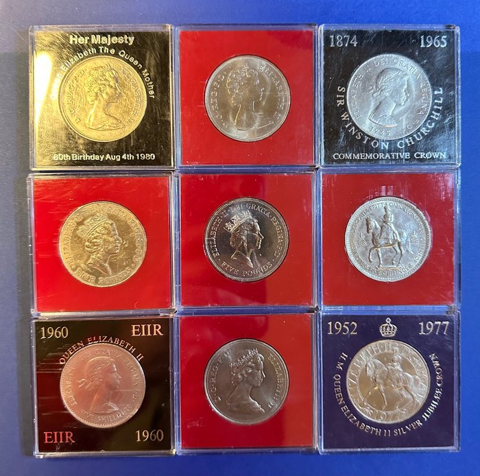 Groot-Brittannië. Elizabeth II. A lot of 9x British Commemorative Crown sized coins 1953-1996  (Zonder Minimumprijs)