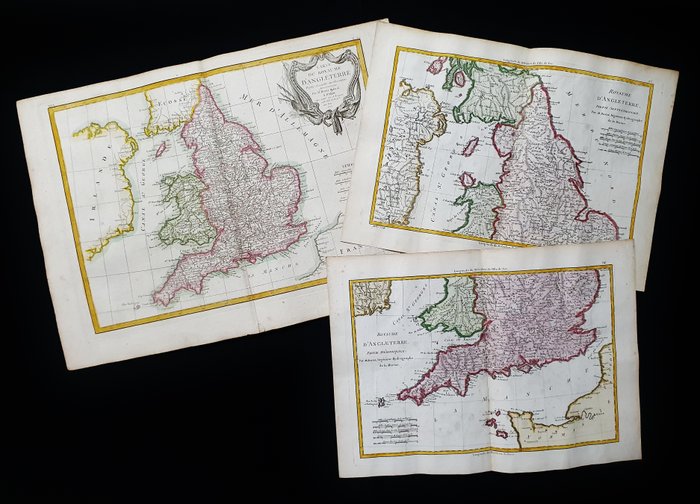 Europe, Carte - [Lot de 3] - Angleterre / Pays de Galles / Londres / Royaume-Uni; R. Bonne / G.A. Rizzi Zannoni - Carte du Royaume d'Angleterre / Royaume d'Angleterre: partie Septentrionale & Meridionale - 1761-1780