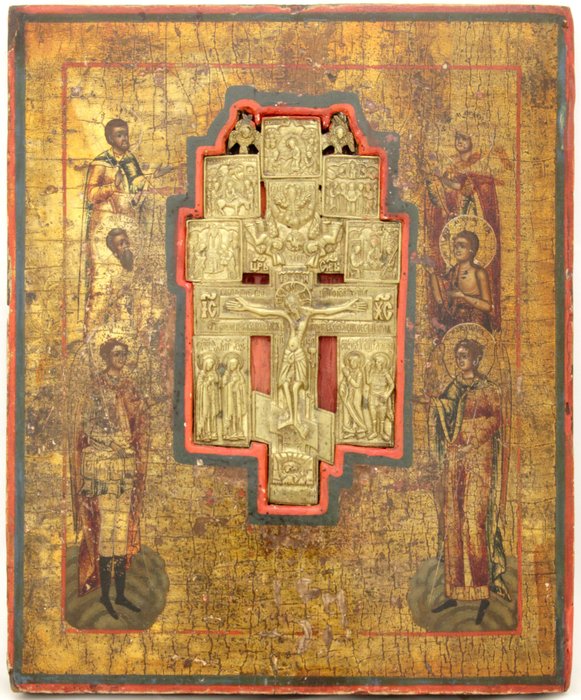 Icoon - Kruisiging van Christus, Zes heiligen, Staurotheke-icoon - Hout