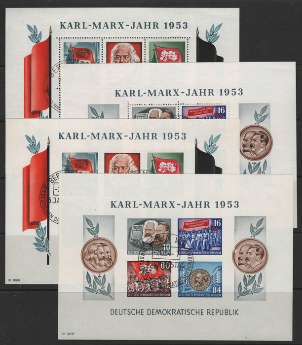 DDR 1953 - "Marx"-Blocks komplett mit Sonderstempeln - Michel Bl. 8/9 A/B