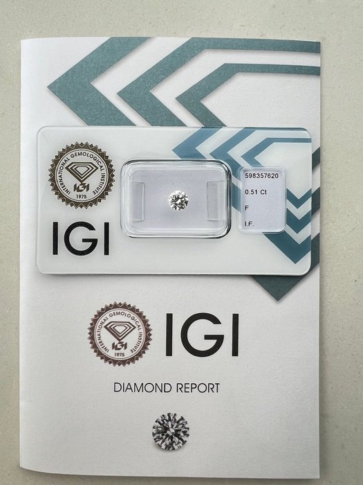 1 pcs 鑽石  (天然)  - 0.51 ct - 圓形 - F(近乎無色) - IF - 國際寶石學院（International Gemological Institute (IGI)）
