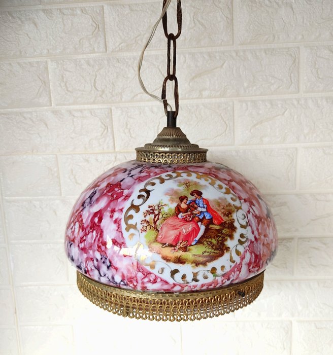 Hängelampe - Antike hängende Deckenlampe mit romantischen Szenen. - Glas (Buntglas)