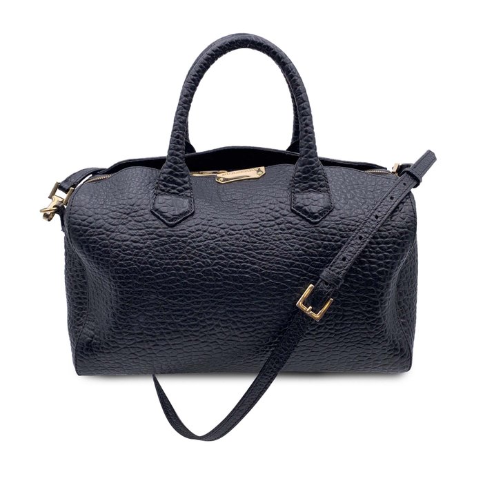 Burberry - Black Pebbled Leather Handbag Boston Bag with Strap - 手提包