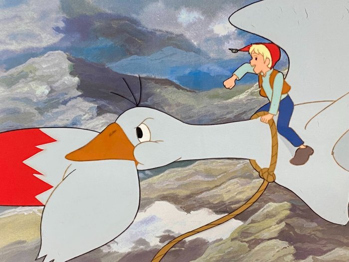 The Wonderful Adventures of Nils (1980) - 1 Alkuperäinen animaatio Cel ja Nils Holgerssonin piirustus kopiotaustalla