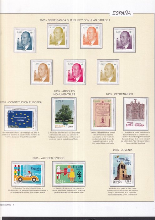 西班牙 2005/2005 - 2005 年西班牙邮票完整全新，未安装 Filabo 补充品上的固定邮票 - edifil