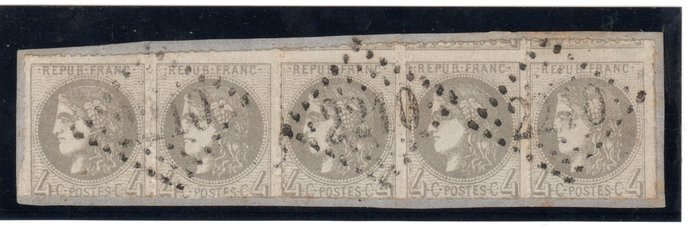 França 1870 - Banda rara de 5 ex em fragmento de 4 c Bordeaux No 41B perfurado em linha. Bezerros Assinados - Yvert & Tellier n° 41B