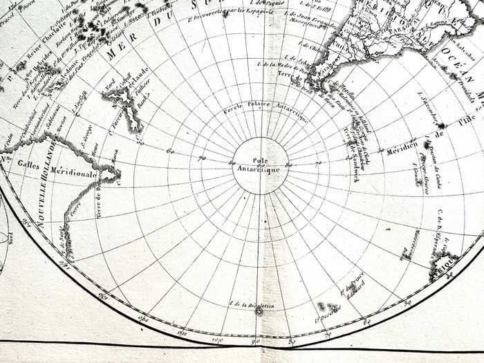 Etelämanner, Kartta - Etelä-Amerikka, Australia, Uusi-Seelanti; Rigobert Bonne - Mappe Monde sur le plan de Horizontal, Hémisphère Occidental - 1781-1800