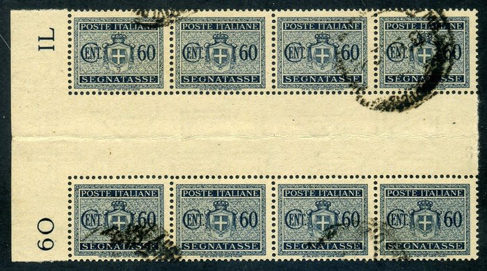 義大利 1945 - 翼輪水印印花稅票，60 美分，每塊 8 個值，位於垂直橋中。 - Sassone T91