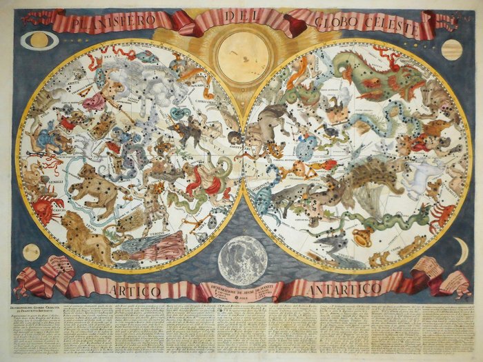 Carte céleste, Carte - Costallations, Zodiaque; Brunacci - Planisfero del Globo Celeste Artico  Antartico - 1687