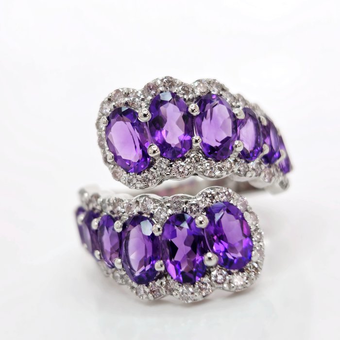 戒指 - 14K包金 白金 紫水晶 - 钻石 