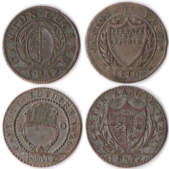 瑞士. Batzen - Luzern, Waadt (Vaud), Solothurn & Aargau -  1806-1826 - 4 coins  (没有保留价)