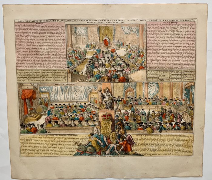 Eurooppa, Kartta - Yhdistynyt kuningaskunta; H. Chatelain - Representation du parlement d'Angleterre les chambres assemblees et de la reine sur son throne - 1701-1720
