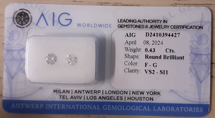 2 pcs 鑽石 - 0.43 ct - 圓形 - F(近乎無色), G - SI1, VS2