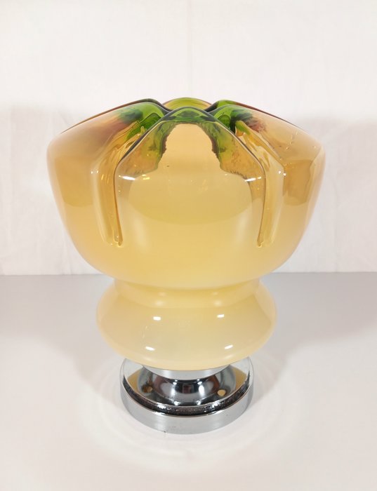 Lampa stołowa - żółte i zielone szkło rzemieślnicze, podstawa ze stali chromowanej