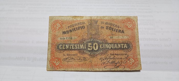 Italia. - 50 centesimi Lire 1873 Soliera (Modena) - Gav. Boa. 06.0810.1
