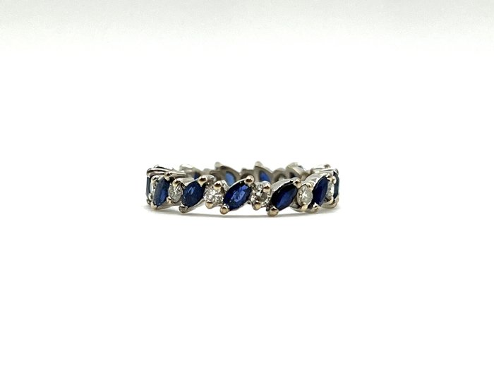戒指 - 18K包金 白金 -  0.39 tw. 钻石  (天然) - 蓝宝石 