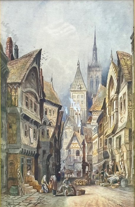Charles James Keats RBA (1856-1900) - A picturesque old alley in Weinheim, Germany