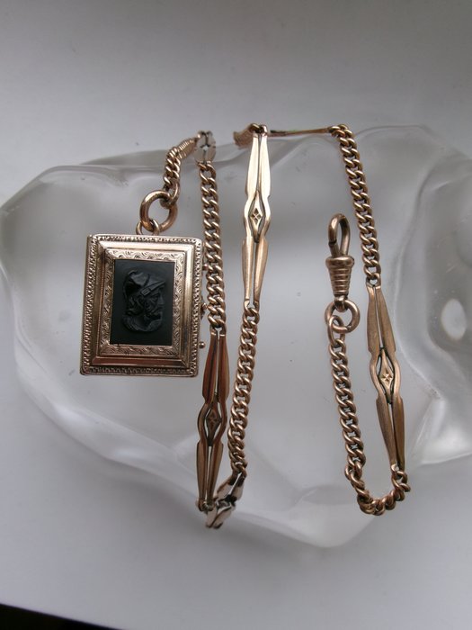 Ingen mindstepris - Victorian Pocket Watch Chain with Onyx Cameo Photo Locket Pendant - Ur halskæde Guldbelagt 