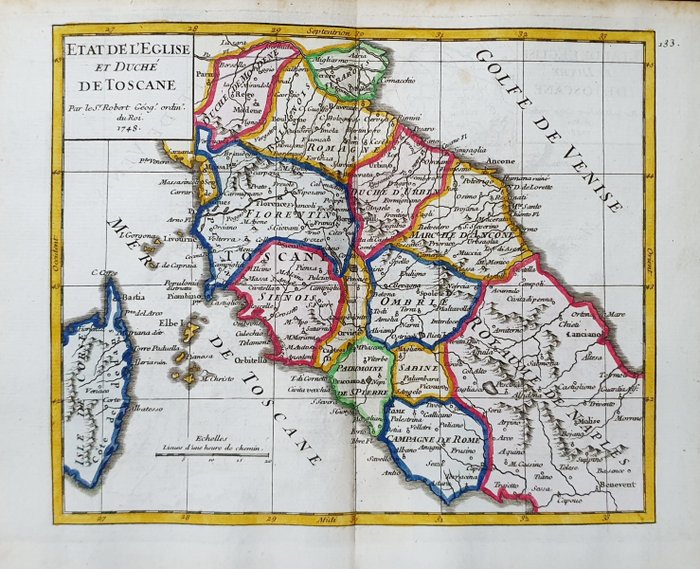 Europa, Mapa - Itália / Toscana / Lácio / Florença / Urbino / Úmbria / Roma / Córsega; R. de Vaugondy / M. Robert - Etat de l'Eglise et Duchè de Toscane - 1721-1750