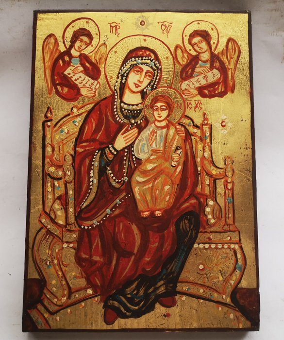 Ikone - Russische handgemalte Ikone der Heiligen Jungfrau Maria - Holz