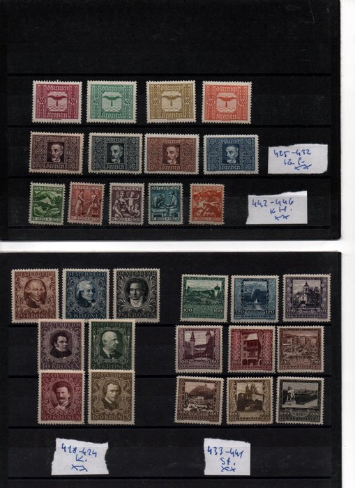 Österreich 1922/1924 - Sammlung mit schönen Sätzen aus der Inflationszeit in einwandfreier Erhaltung feinst postfrisch - Katalognummer 418-446