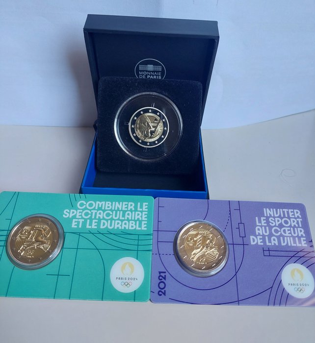France. 2 Euro 2021/2022 "Jeux Olympiques Paris 2024" + "Jacques Chirac" (3 coins) Proof + BU  (Sans Prix de Réserve)