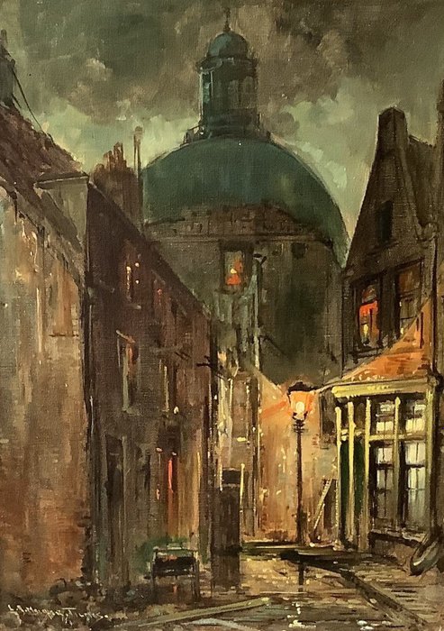 Jan Hermanus Melcher Tilmes (1847-1920) - Zicht op de Lutherse Kerk Amsterdam in de avond