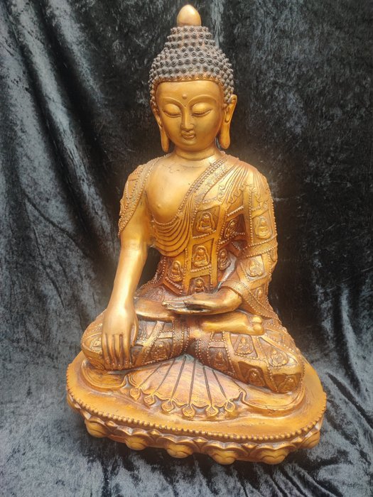 Statuetta - Buddha in wai - Bronzo dorato