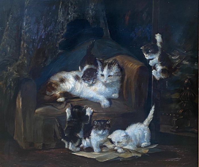 Jan Hovener (1936-2021) - Moederpoes met kittens
