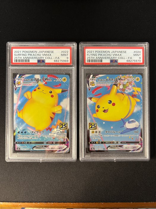 Pokémon - 2 Graded card - BattleCards - Surfing Pikachu Vmax RRR, Flying Pikachu Vmax RRR - PSA 9