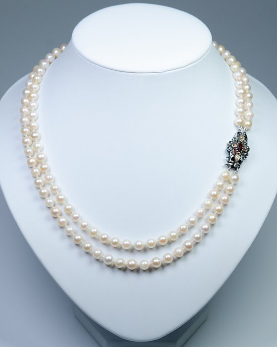 Ohne Mindestpreis - Ø 6-6.5 mm Akoya-Perlen - Granat - doppelreihig - Halskette - 835 Silber 