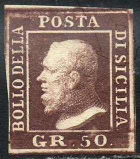 意大利古城邦-西西里 1859 - 斐迪南二世肖像，50 粒棕色漆。 - Sassone N. 14