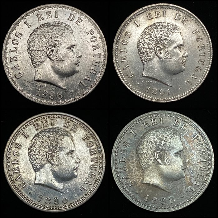 Portugal. D. Carlos I (1889-1908). 100 + 200 + 500 Reis 1890/1898 (4 monedas)  (Ingen reservasjonspris)