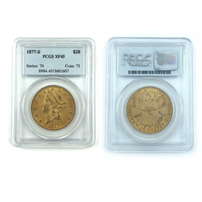 Amerikas forente stater. Liberty Head Gold $20 Double Eagle 1877-S, PCGS XF45