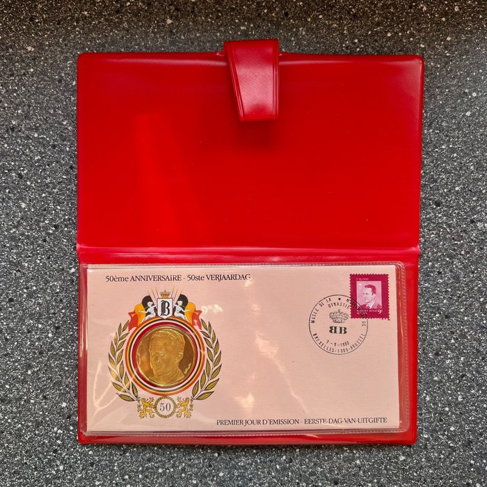 Belgique. Baudouin I (1951-1993). Pochette numismatique avec médaille en vermeil - 50 ans du Roi Baudouin - Médaillier Franklin  (Sans Prix de Réserve)
