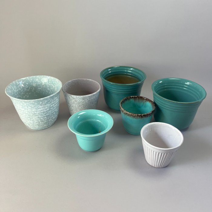 Flower pot - Ceramic, Vintage - Collection of seven flower pots - Colors: Aqua, turquoise, duck egg and white tones.