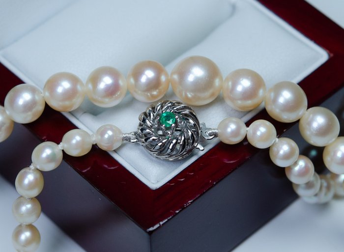 Ohne Mindestpreis - 0.10 ct Smaragd - Ø 5 bis 9 mm Akoya Perlen - Halskette - 585 Gold 