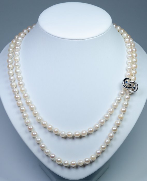 Utan reservationspris - Ø 7-7.5 mm Akoya pearls - 0.25 ct sapphires - 104 cm - endless - Halsband - 835 silver 