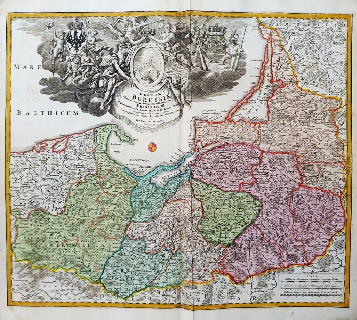 Európa, Térkép - Lengyelország / Poroszország / Németország / balti régiók / Lengyelország / Litvánia / Riga; Johann Baptist Homann - Regnum Borussiae Gloriosis Auspiciis Serenissimi et Potentissimi Princ. Federici III - 1701-1720