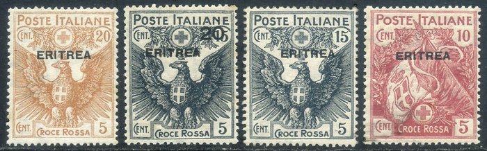 意屬厄利垂亞 1916 - 紅十字，4個值的完整系列，具有出色的居中性 - Sassone N. 41/44
