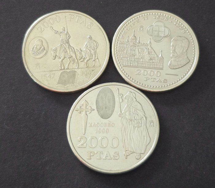 西班牙. 2000 Pesetas 1997/1999 (3 moedas)  (没有保留价)